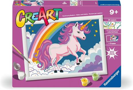 Ravensburger - CreArt Serie D: Unicorno Rosa Neon, Dipingere con i Numeri, Kit Pittura Bambini, Cornice Inclusa