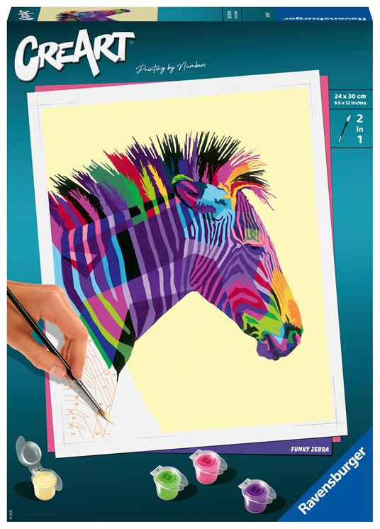 Ravensburger - CreArt Zebra, Kit per Dipingere con i Numeri, Contiene Tavola Prestampata 24x30 cm, Pennello