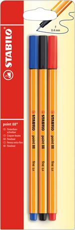 Fineliner - STABILO point 88 - Pack da 3 - Nero/Blu/Rosso