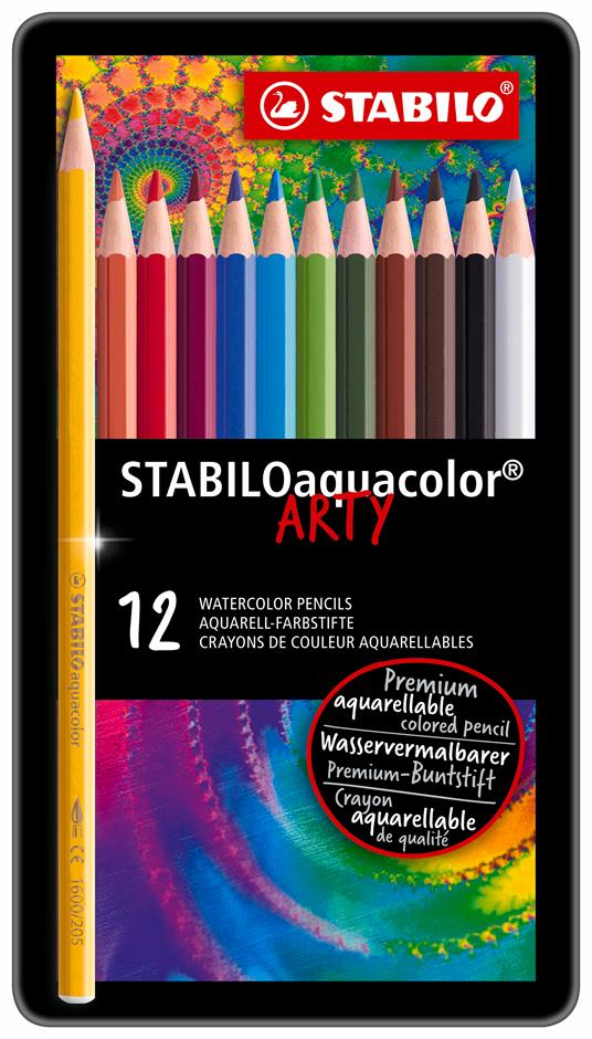 Matita colorata acquarellabile - STABILOaquacolor - Scatola in Metallo da 12 - Colori assortiti - 7