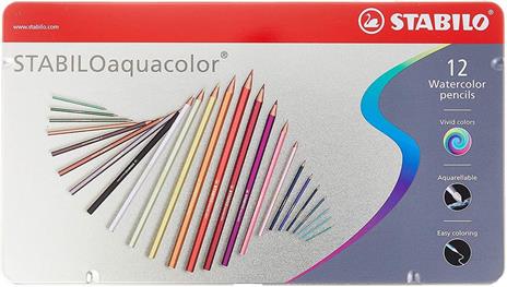 Matita colorata acquarellabile - STABILOaquacolor - Scatola in Metallo da 12 - Colori assortiti - 91