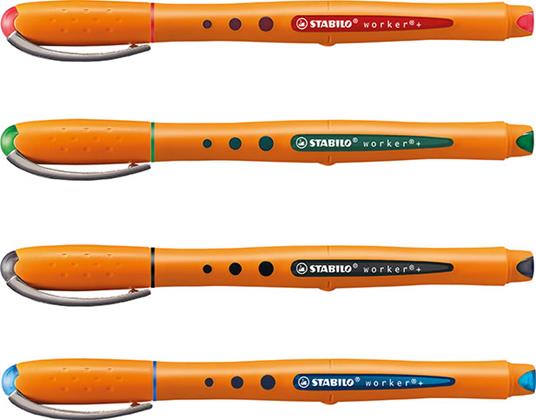 Penna Roller - STABILO worker+ medium - Tratto 0,5 mm - Astuccio da 4 - Colori assortiti - 7