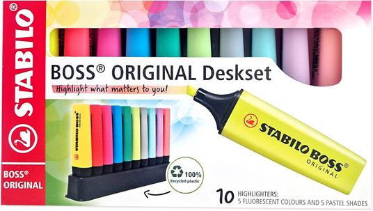 Evidenziatore - STABILO BOSS ORIGINAL - Desk-Set - 10 Colori assortiti 5 Neon + 5 Pastel - 2