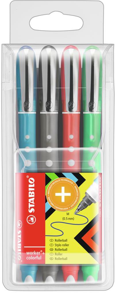 Penna Roller - STABILO worker+ colorful - Tratto 0,5 mm - Astuccio da 4 - Colori assortiti