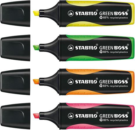 Evidenziatore Ecosostenibile - STABILO GREEN BOSS - 83% Plastica Riciclata - Astuccio da 4 - Colori assortiti - 2