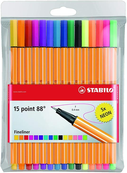 Fineliner - STABILO point 88 - Astuccio da 15 (10 + 5 NEON) - Colori assortiti - 2