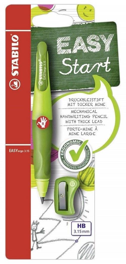 Matita a scatto Ergonomica STABILO EASYergo 3.15 in Verde Chiaro/Scuro per Destrimani con mina 3.15 mm gradazione HB