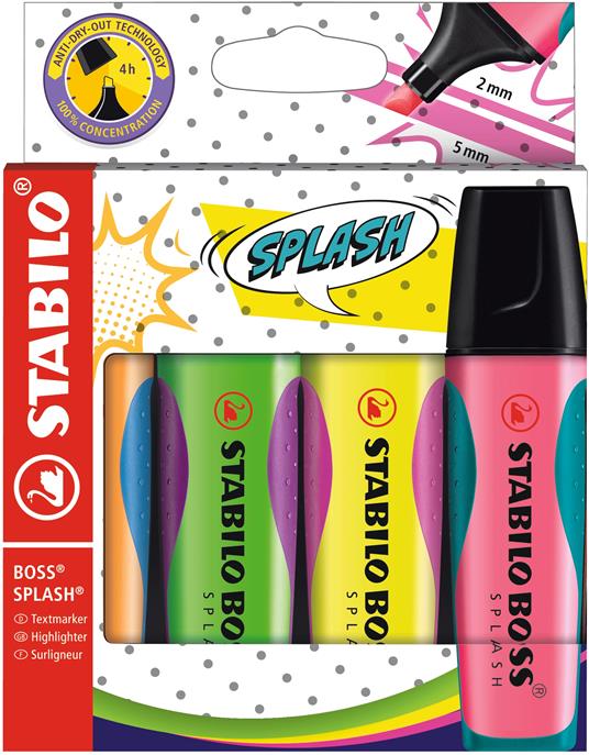 Evidenziatore - STABILO BOSS SPLASH - Astuccio da 4 - Arancione, Verde, Giallo, Rosa