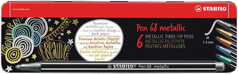 Pennarello Premium Metallizzato - STABILO Pen 68 metallic - Scatola in Metallo da 6 - con 5 colori assoriti - 2