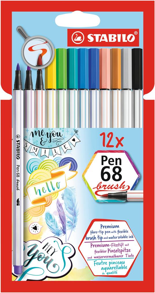 Pennarello Premium con punta a pennello - STABILO Pen 68 brush - Astuccio  da 12 - con 12 colori assortiti - STABILO - Cartoleria e scuola