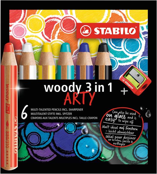 Matita colorata Multi-Funzione - STABILO woody 3 in 1 - ARTY - Astuccio da 6 - con Temperino - Colori assortiti