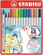 Pennarello Premium con punta a pennello - STABILO Pen 68 brush - Scatola in metallo da 15 - con 15 colori assortiti