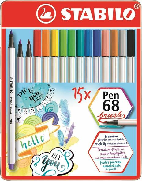Pennarello Premium con punta a pennello - STABILO Pen 68 brush - Scatola in metallo da 15 - con 15 colori assortiti