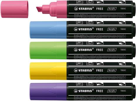 Marker acrilico, STABILO FREE Acrylic, T800C Punta a scalpello 4-10mm, Seaside Edition, Astuccio da 5, Colori assortiti - 2