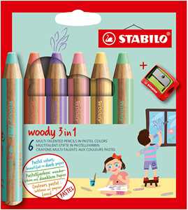 Cartoleria Matita colorata Multi-Funzione - STABILO woody 3 in 1 - Astuccio da 6 - con Temperino - Colori Pastello assortiti STABILO
