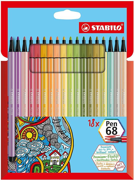 Pennarello Premium - STABILO Pen 68 - Astuccio da 18 - Soft Colors - Colori  assortiti - STABILO - Cartoleria e scuola