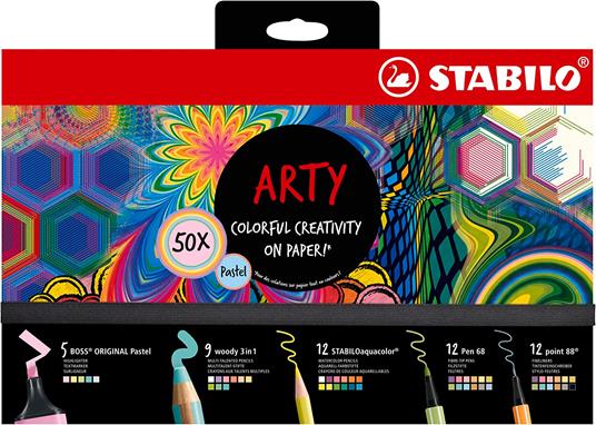 STABILO ARTY - 5 evidenziatori, 9 matitoni colorati Multi-Funzione, 12  matite acquarellabili, 12 pennarelli, 12 fineliner - STABILO - Cartoleria e  scuola