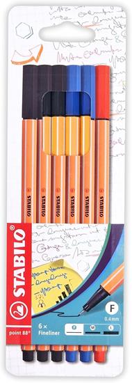 Fineliner - STABILO point 88 - Astuccio da 6 - Colori Ufficio - Nero/Blu/Rosso