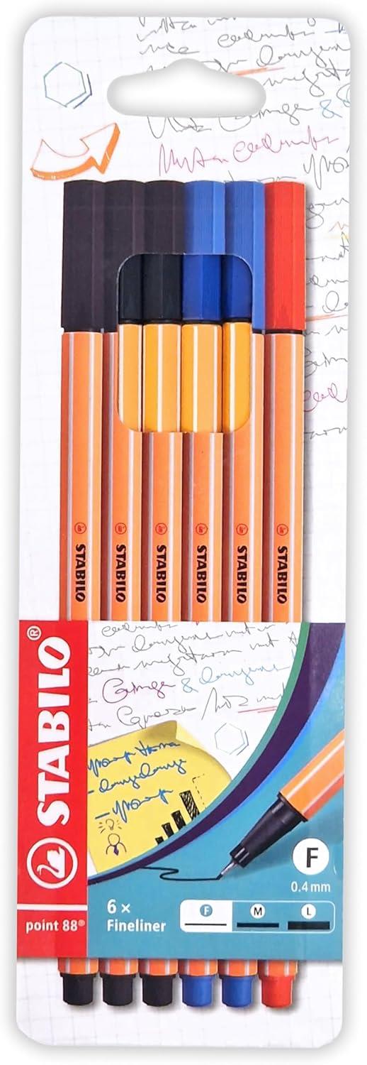 Fineliner - STABILO point 88 - Astuccio da 6 - Colori Ufficio - Nero/Blu/Rosso