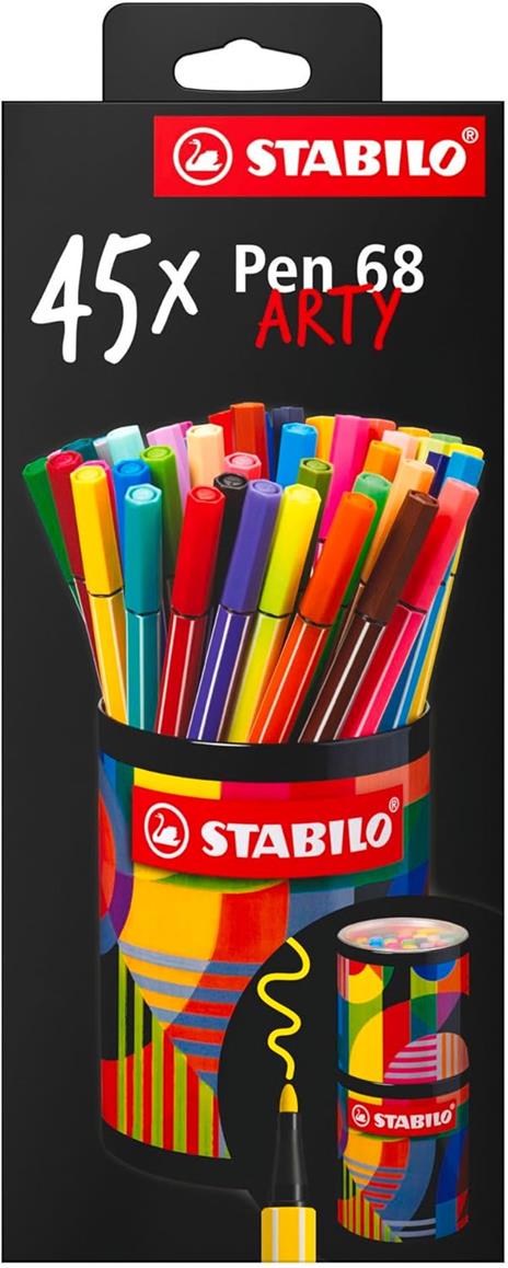 Pennarello Premium - STABILO Pen 68 - ARTY - Portapennarelli in metallo - con 45 colori assortiti - 3