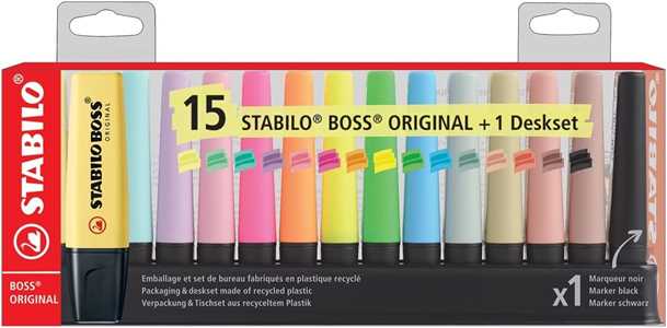 Cartoleria Evidenziatore - STABILO BOSS ORIGINAL Desk-Set - 15 Colori assortiti 5 Neon + 5 Pastel + 5 Nature STABILO