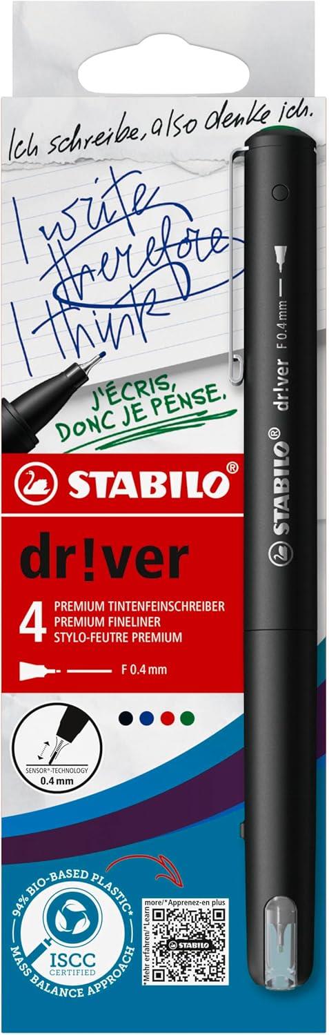 Fineliner Premium - STABILO dr!ver - Tratto Fine (0,4 mm) - Astuccio da 4 - Verde, Rosso, Blu, Nero