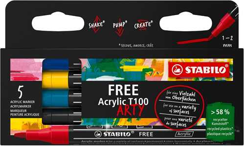 Cartoleria Marker acrilico - STABILO FREE Acrylic - T100 Punta rotonda 1-2mm - Royal Edition - Astuccio da 5 - Colori assortiti STABILO