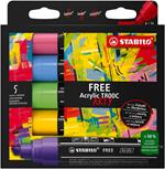 Marker acrilico - STABILO FREE Acrylic - T800C Punta a scalpello 4-10mm - Seaside Edition - Astuccio da 5, Colori assortiti