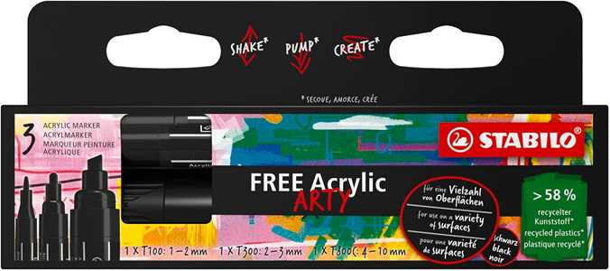 Cartoleria Marker acrilico - STABILO FREE Acrylic - Pack  da 3 - 1x T100, T300, T800C - con 3 punte diverse - Nero STABILO