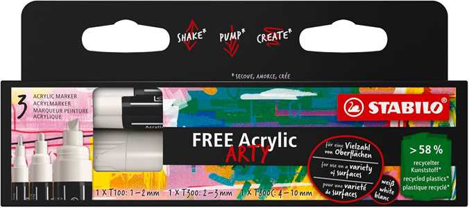 Cartoleria Marker acrilico - STABILO FREE Acrylic - Pack  da 3 - 1x T100, T300, T800C - con 3 punte diverse - Bianco STABILO