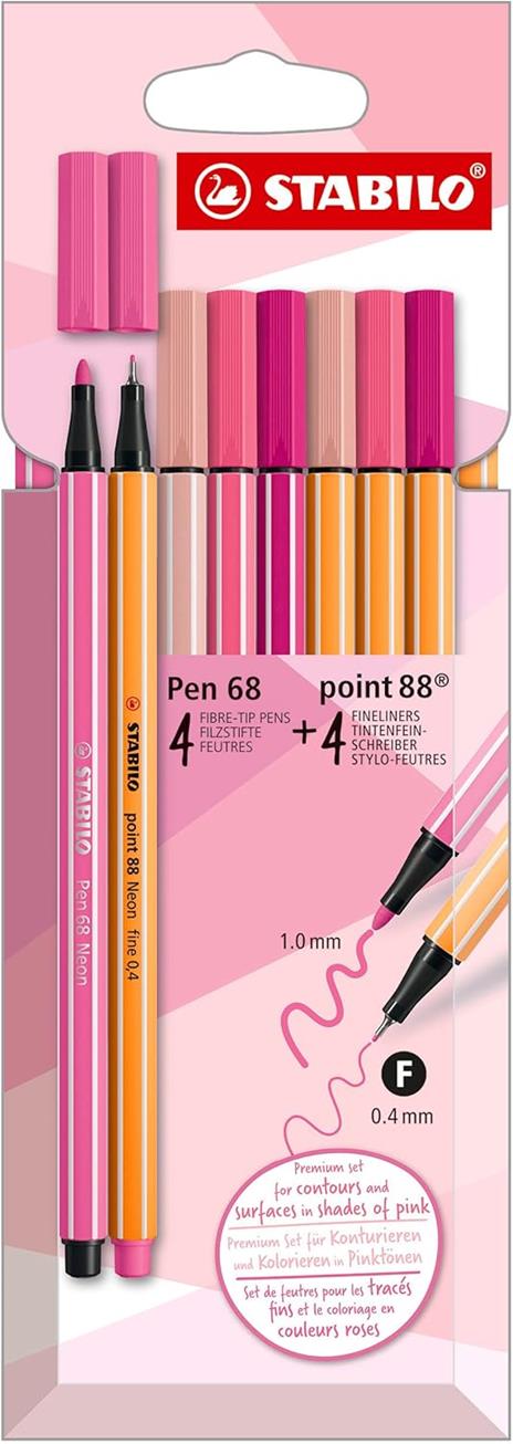 Fineliner & Pennarello Premium STABILO Shades Pink Astuccio da 8. 4 Fineliner STABILO point 88 & 4 Pennarelli STABILO Pen 68