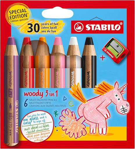 Matita colorata Multi-Funzione - STABILO woody 3 in 1 - 30 Years Edition - Unicorno - Astuccio da 6 - con Temperino