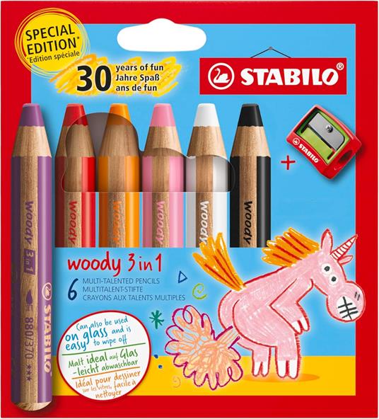 Matita colorata Multi-Funzione - STABILO woody 3 in 1 - 30 Years Edition - Unicorno - Astuccio da 6 - con Temperino