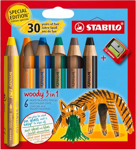 Matita colorata Multi-Funzione - STABILO woody 3 in 1 - 30 Years Edition - Tigre - Astuccio da 6 - con Temperino