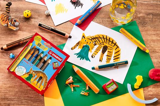 Matita colorata Multi-Funzione - STABILO woody 3 in 1 - 30 Years Edition - Tigre - Astuccio da 6 - con Temperino - 5