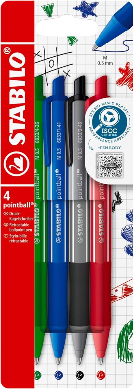 Penna a sfera Ecosostenibile - STABILO pointball colorful - Pack da 4 - Verde/Blu/Nero/Rosso