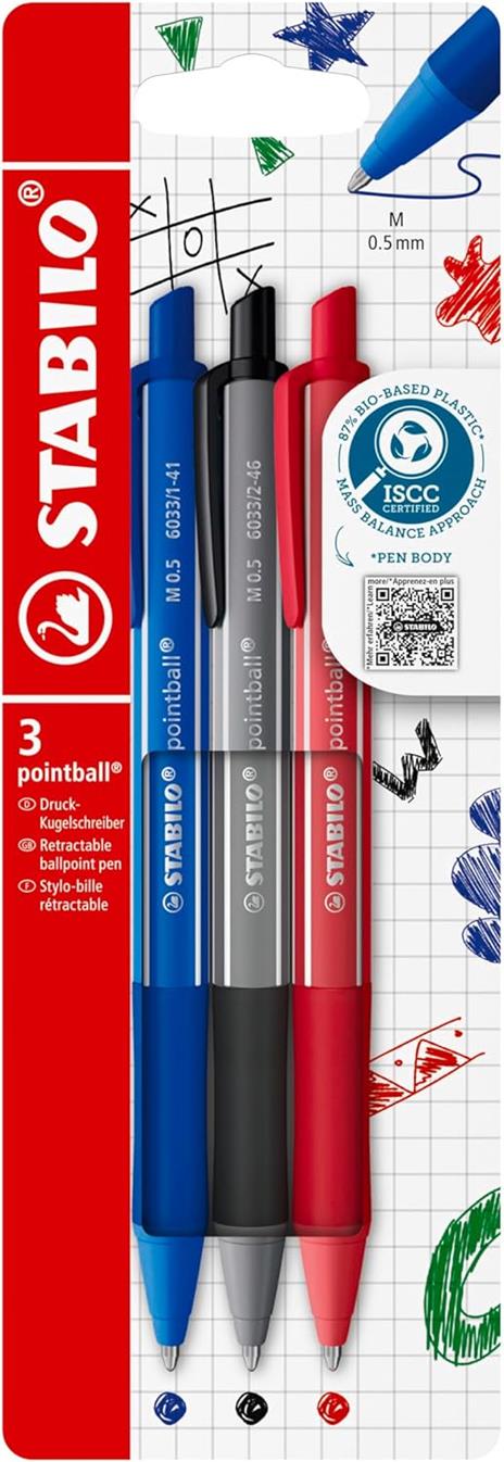 Penna a sfera Ecosostenibile - STABILO pointball colorful - Pack da 3 - Blu/Nero/Rosso