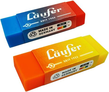 Läufer 69825 Plast Color, gomma bicolore, cancella in modo affidabile matite e matite colorate, in blister contiene 2 gomme per la scuola, la casa e l'ufficio, bicolore arancione, giallo, rosso e blu - 3