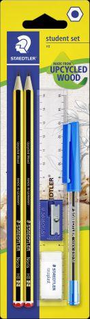 2 matite grafite esagonali Noris 2=HB + 1 penna sfera blu +1 temperamatite + 1 gomma + 1 righello