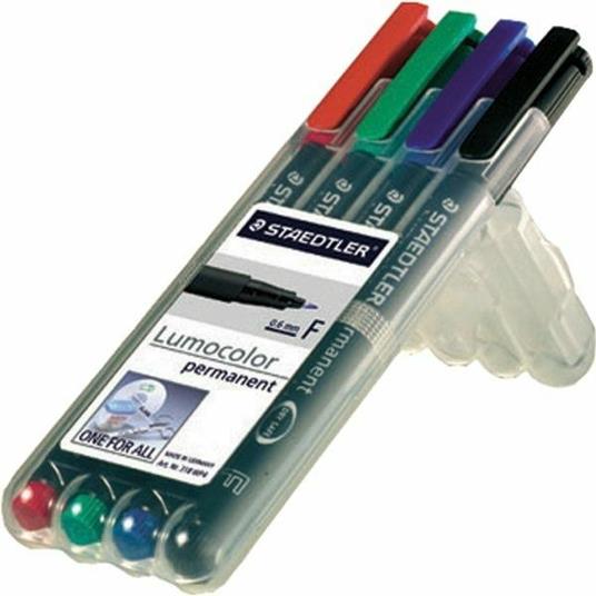 Penna a punta sintetica Staedtler Lumocolor Permanent punta fine 0,6 mm. Confezione 4 colori assortiti