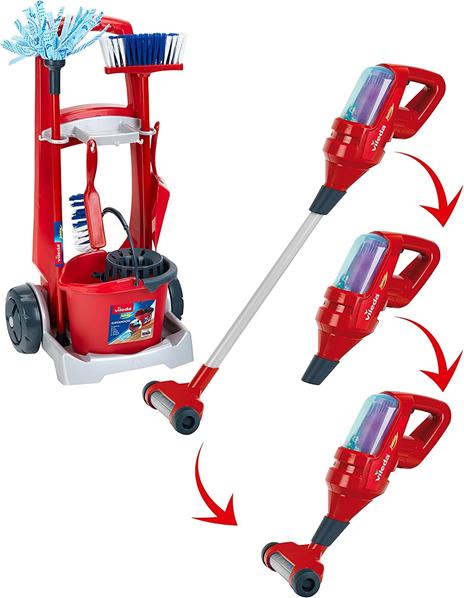 Theo Klein 6720 Carrello per le Pulizie Vileda con Aspirapolvere verticale, con Accessori tra cui Mocio, Secchio e Scopetta, Giocattolo per Bambini dai 3 Anni in su