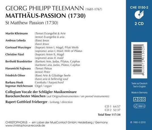 La Passione secondo Matteo - CD Audio di Georg Philipp Telemann - 2