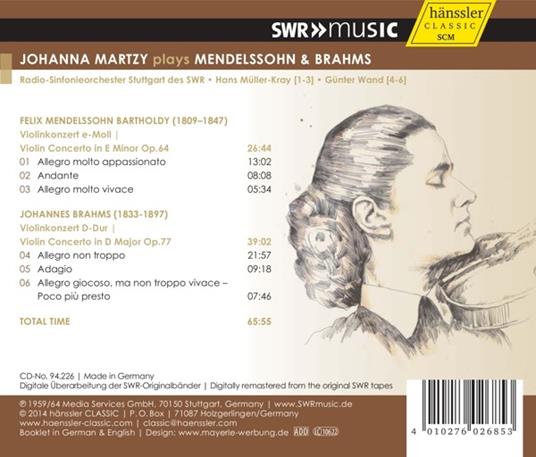 Concerti per violino - CD Audio di Johannes Brahms,Felix Mendelssohn-Bartholdy,Johanna Martzy - 2