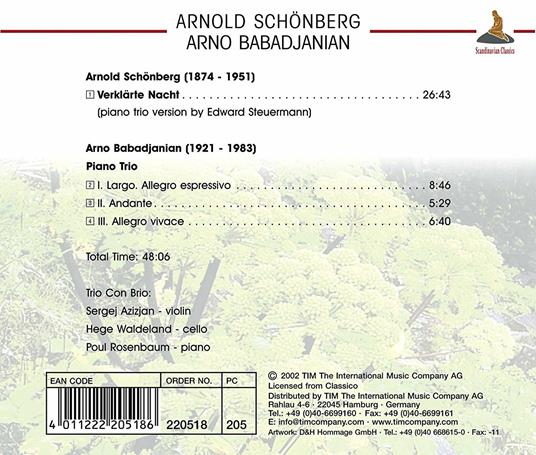 Verklarte Nacht / Piano trio - CD Audio di Arnold Schönberg,Arno Babadjanian,Trio con Brio - 2