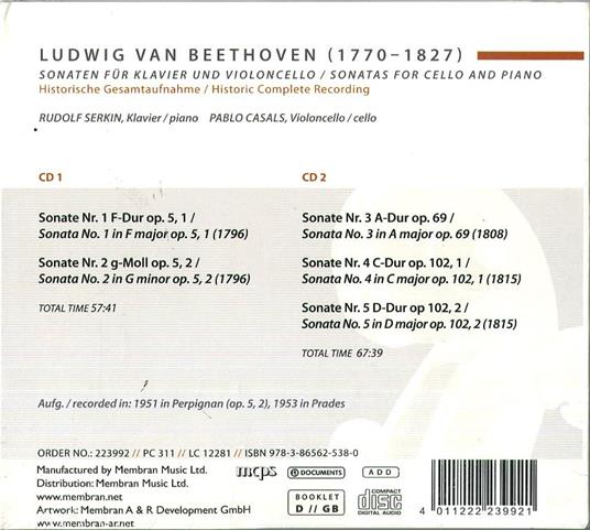 Sonate per pianoforte e violoncello - CD Audio di Ludwig van Beethoven,Rudolf Serkin,Pablo Casals - 2