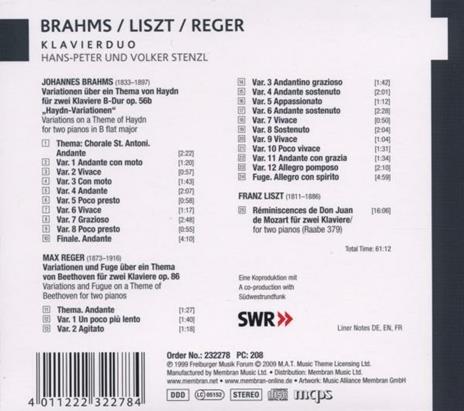 Musica per pianoforte - CD Audio di Johannes Brahms,Franz Liszt,Max Reger,Hans-Peter Stenzl,Volker Stenzl - 2