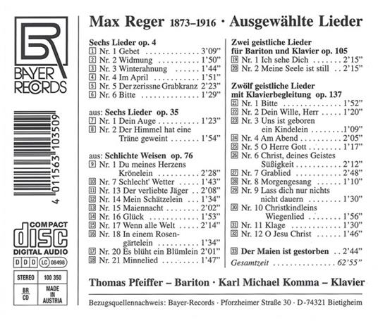 Ausgewaehlte Lieder - CD Audio di Max Reger - 2