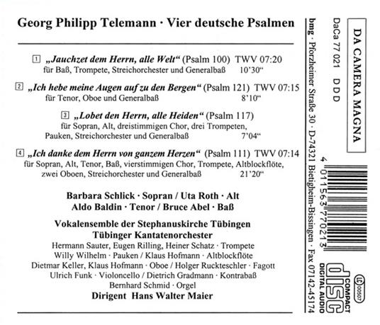 Vier Deutsche Psalmen - CD Audio di Georg Philipp Telemann - 2