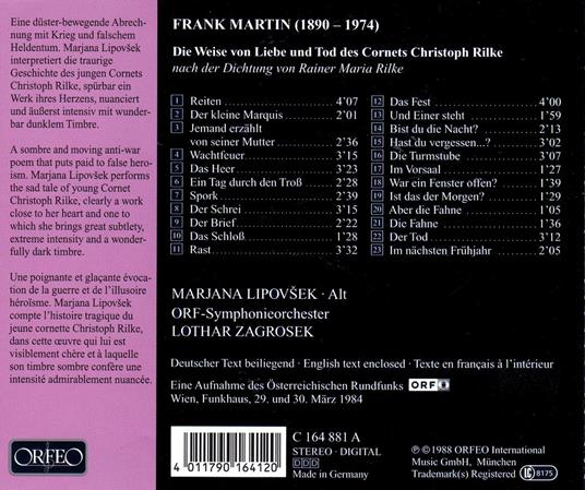 Die Weise von Liebe und Tod des Cornets Christoph Rilke - CD Audio di Frank Martin,ORF Symphony Orchestra,Marjana Lipovsek - 2