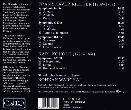Sinfonie - CD Audio di Franz Xaver Richter,Carl Kohaut,Slovak Chamber Orchestra - 2